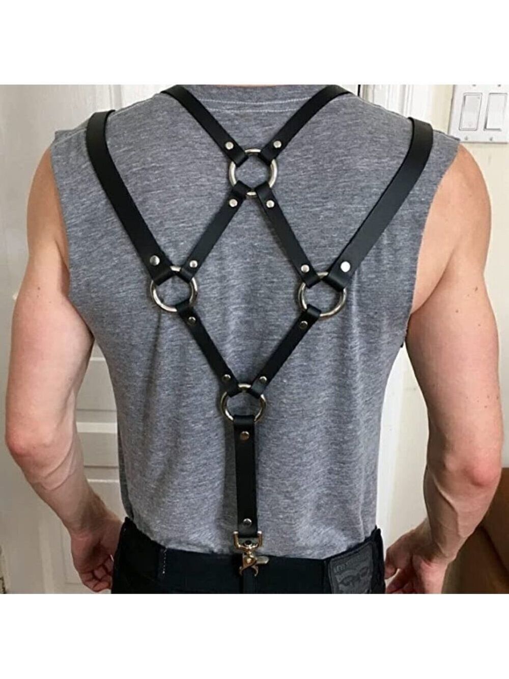 Black Leather Top Shoulder Suspenders Harness Belt BDSM Slave Fetish Bondage NWT